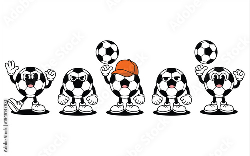 Cartoon Soccer Balls with Arms and Legs Playing and Balancing Balls