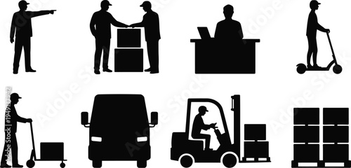Warehouse workers and logistics icons