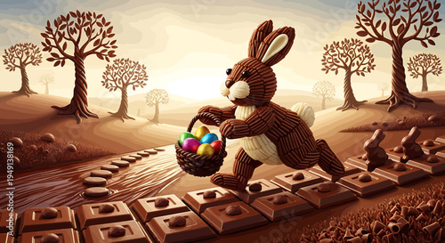 Whimsical chocolate Easter bunny walking on a chocolate road, carrying a basket of colorful eggs in a festive fantasy landscape at sunset.