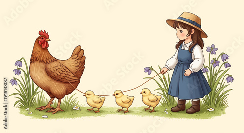 Young Girl in a Straw Hat Gently Leading a Hen and Three Chicks Through a Sunny Field