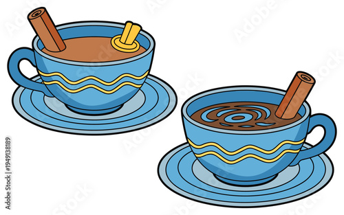 Two Cups Hot Chocolate with Cinnamon Sticks Blue Patterned Cups