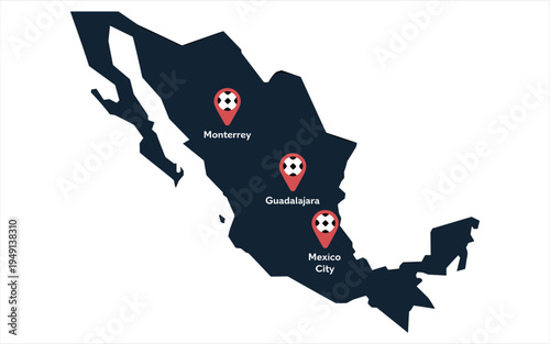 Mexico Map with Soccer Locations Marked Monterrey Guadalajara Mexico City Stock