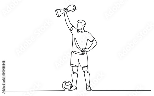 Soccer Player Holding Trophy Above Head with Ball at Feet Minimalist Line Art