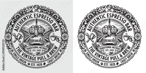 Authentic Espresso Bar Vintage Logo featuring Espresso Machine Coffee Field and Ornate Gears