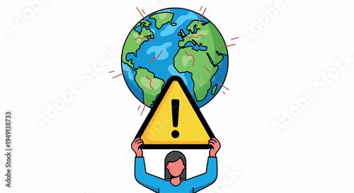 A cartoon man holding up a warning sign and the Earth on a white background with a sense of urgency.