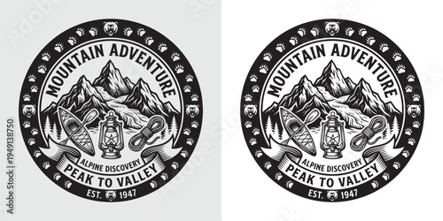 Mountain Adventure Peak To Valley Discovery Emblem with Kayak Lantern and Ropes in Star Border