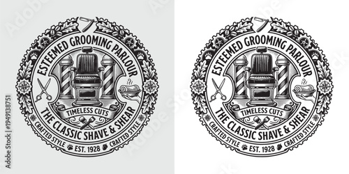 Esteemed Grooming Parlour Classic Logo with Barber Chair Pole and Shave Tools Ornate Border