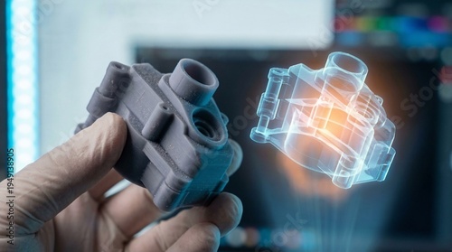 Foto Concept of hands holding a grey 3D printed mechanical part overlayed with a glowing blue digital CAD hologram