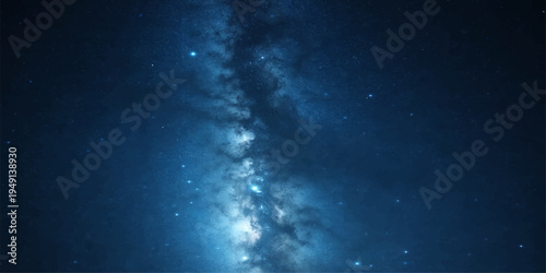 A bright blue sky transitions into a dark cosmic galaxy where glowing stars and nebula clouds create a fantasy texture across the vast space of the universe