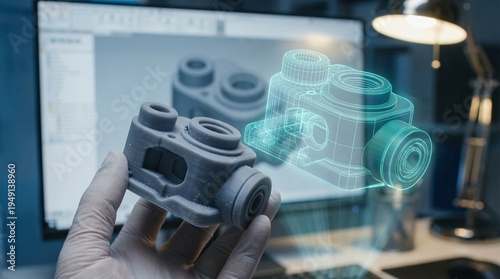 Photos Concept of hands holding a grey 3D printed mechanical part overlayed with a glowing blue digital CAD hologram