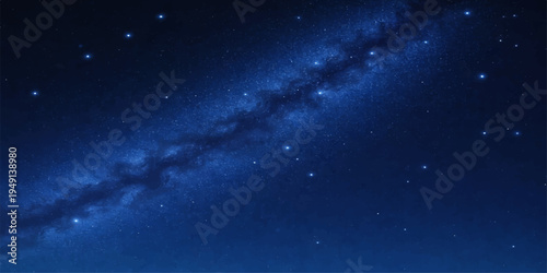 A deep blue nebula clouds the dark outer space universe where bright stars and abstract galaxy light create a fantasy starry night sky illustration