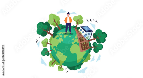 Illustration of a man standing on a green globe surrounded by trees and a solar panel with a house, conveying an eco-friendly and sustainable lifestyle.