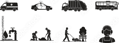 A collection of black and white icons depicting various emergency services and everyday activities