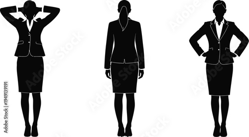 Three confident businesswomen in professional attire standing in different poses
