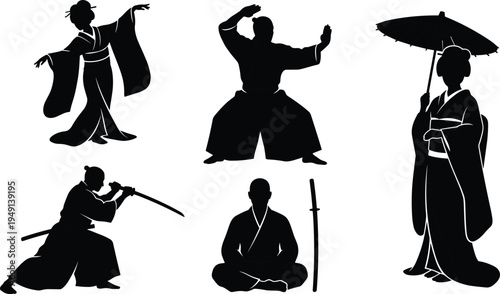 Japanese culture silhouette set, samurai geisha martial arts traditional kimono warrior black vector isolated illustration collection