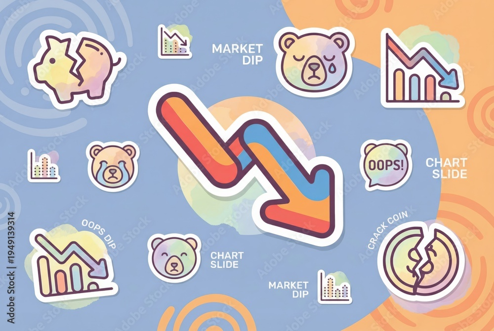 Fototapeta premium Visualizing Market Fluctuations with Graphical Representations of Economic Trends Illustrated through Colorful Icons and Symbols Expressing Market Dip Situations