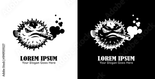 The logo design is in the form of a puffer fish smoking a cigar