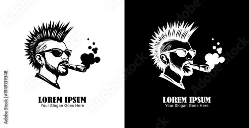 Logo design in the form of a punk man's head smoking a cigar