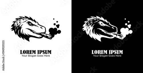 Logo design in the shape of a dinosaur head smoking a cigar