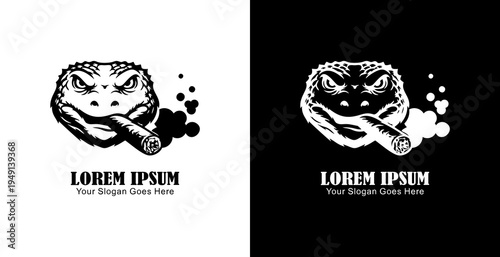 The logo design is in the shape of a Komodo dragon smoking a cigar