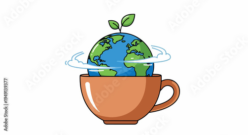 Flat illustration of Earth rising out of a teacup with swirling steam and a green sprout on top against a clean white background.