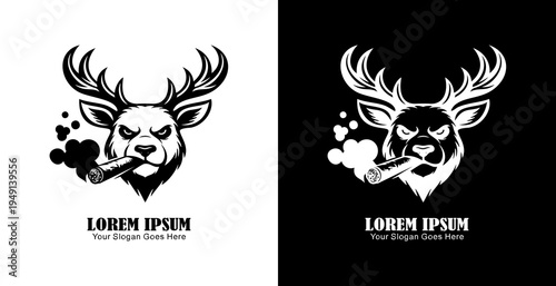 The logo design is in the shape of a deer head smoking a cigar