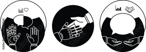 A black and white illustration of three circular icons depicting human and robotic hands in various gestures of communication and partnership.
