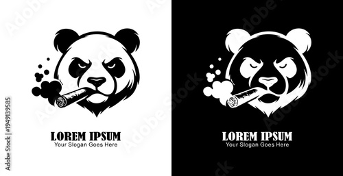 Logo design in the shape of a panda's head smoking a cigar
