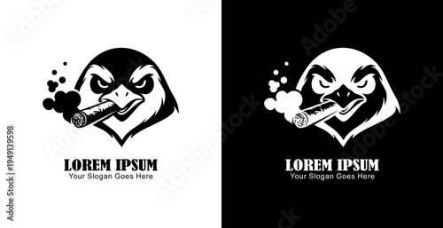 The logo design is in the shape of a penguin head smoking a cigar