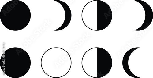 月の満ち欠けを表すイラストのセット、満月から新月までの変化を示す.