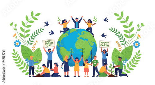 Illustration of a diverse group of people gathered around the Earth with signs and surrounded by leaves and flowers on a white background with a vibrant and eco-friendly mood.