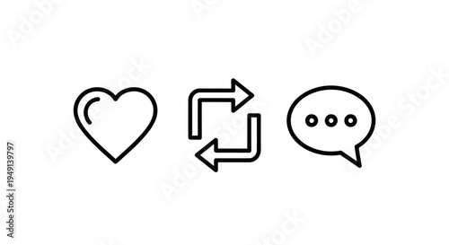 Social Media Icons Heart, Refresh, and Speech Bubble