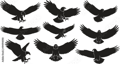 A collection of black silhouettes of eagles in various flying positions on a white background