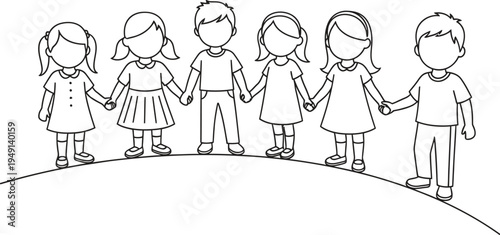 A group of diverse children standing together in unity and friendship on a curved line