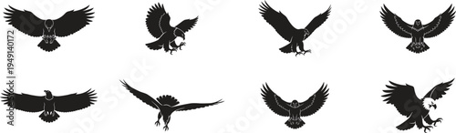 A collection of black eagle silhouettes in various flying positions on a white background