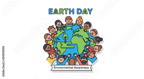 Illustration of diverse people around a globe celebrating Earth Day with Environmental Awareness banner in a colorful flat design.