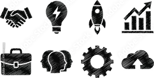 ビジネスの成功と成長を示すアイコンセット：握手、電球、ロケット、グラフ、ブリーフケース、チーム、歯車、クラウド.