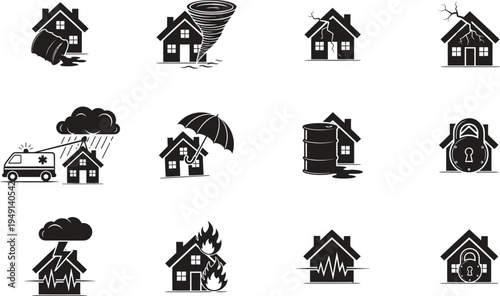 A collection of black and white house icons depicting various weather conditions and security measures
