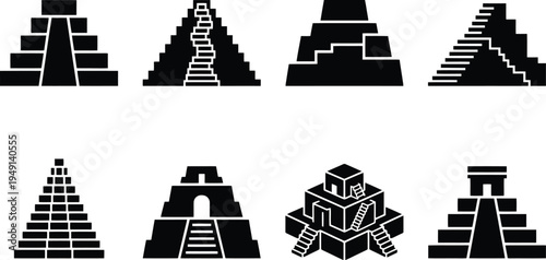Conjunto de iconos de pirámides y templos antiguos, con escaleras y estructuras arquitectónicas de civilizaciones precolombinas.