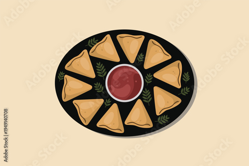 Triangular Pastries & Dip, savory snack concept