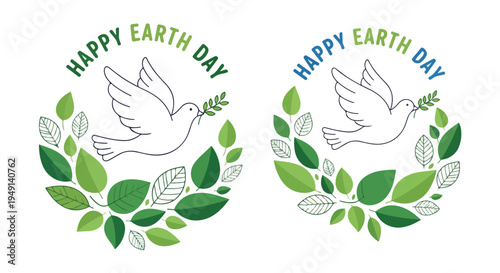 Graphic illustration of two Happy Earth Day logos with white doves and green leaves on a white background.