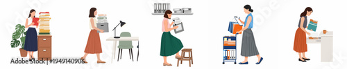 Set of illustrations depicting a professional woman managing documents, filing paperwork, and organizing archives in various office scenes.