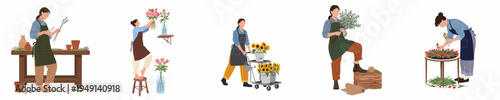 Set of flat vector illustrations featuring female florists arranging various flowers, trimming stems, and managing a floral shop workflow on white background.