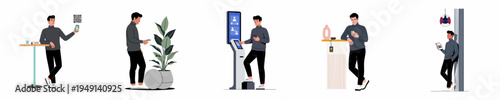 Set of flat illustrations featuring a man using modern technology, digital kiosks, smartphones, and QR codes in various settings.