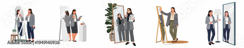 Collection of illustrations showing a professional woman rehearsing speeches, interviews, and presentations in front of a mirror for career success.