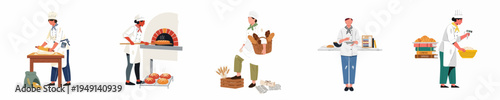 Professional Bakers and Chefs Performing Various Tasks in a Bakery Including Kneading Dough and Baking Bread Vector Illustration Set