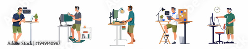 Illustration collection of a male software developer working at a height-adjustable standing desk in various home office setups using different gadgets and technologies.