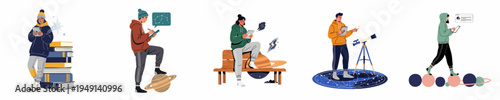 Vector illustration set of young people studying astronomy and space using digital tablets and telescopes, exploring planets and constellations in a modern flat style.