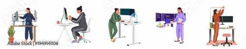 Illustrations of women in tracksuits and slippers working in home offices, managing computer setups, multi-monitor desks, and technical tasks in casual remote environments.