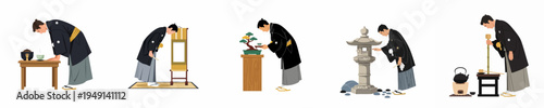 Set of illustrations depicting a Japanese man in traditional attire performing various cultural activities like tea ceremony, bonsai care, and honoring traditions.